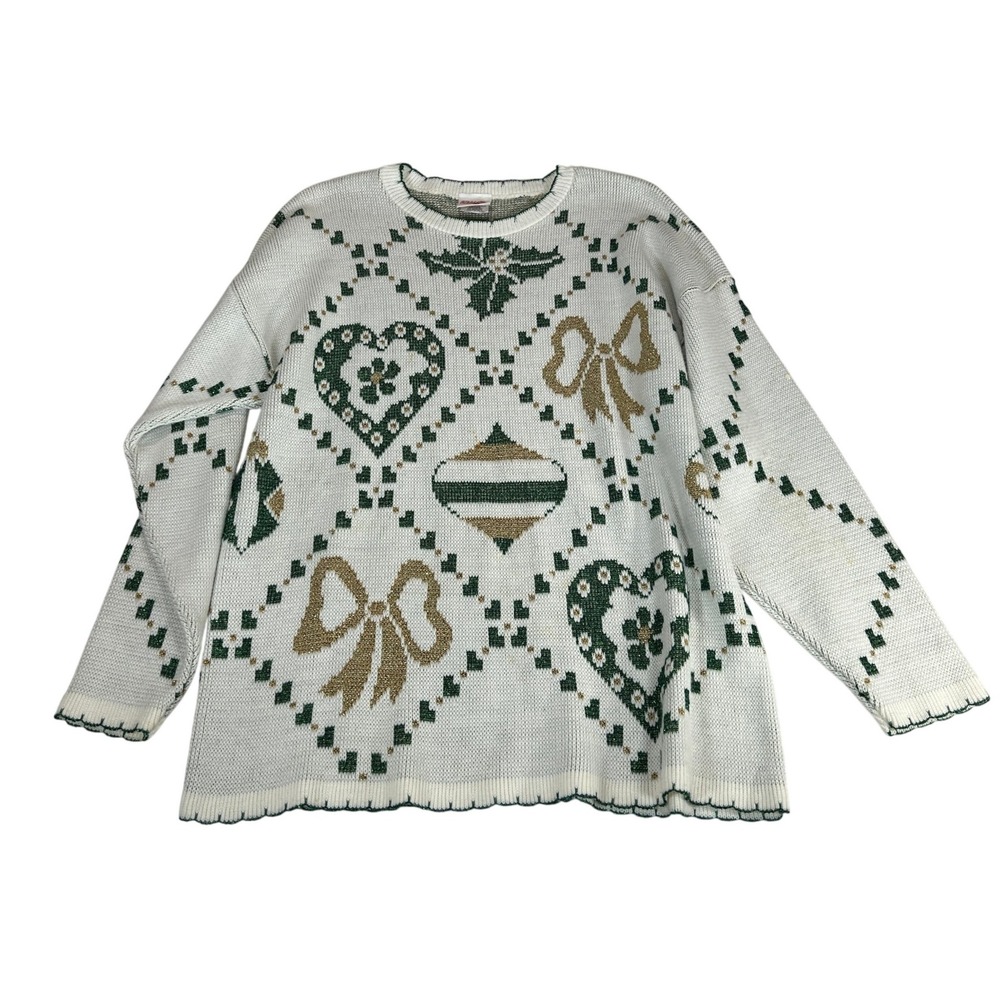 Holiday Time Vintage Christmas Sweater Womens Large White Green Gold Lurex USA
